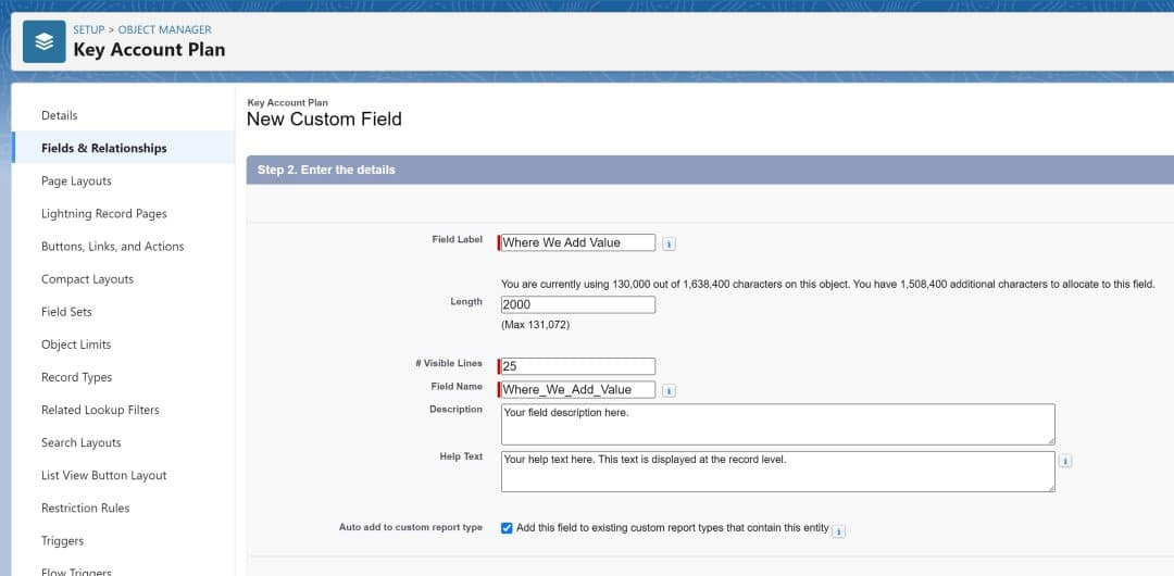 Add Custom Fields to Key Account Plan | Account Planner by GSP