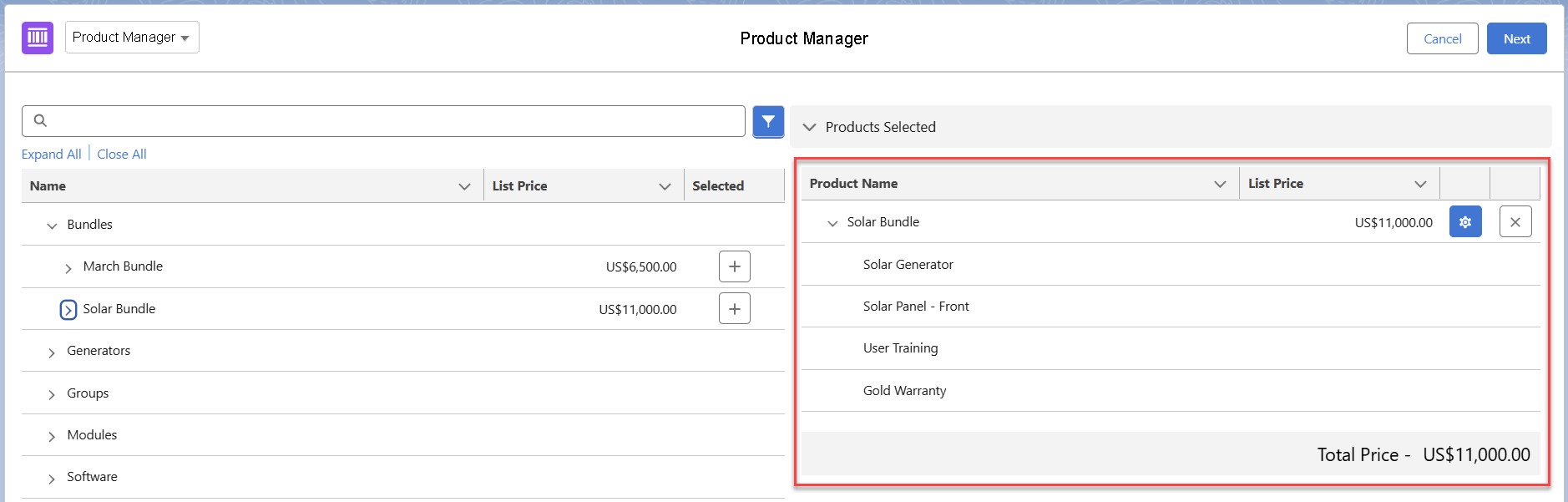 Product Bundle Added Opportunity Salesforce (1) Example of a complete product bundle, set up in the GSP Product Manager.