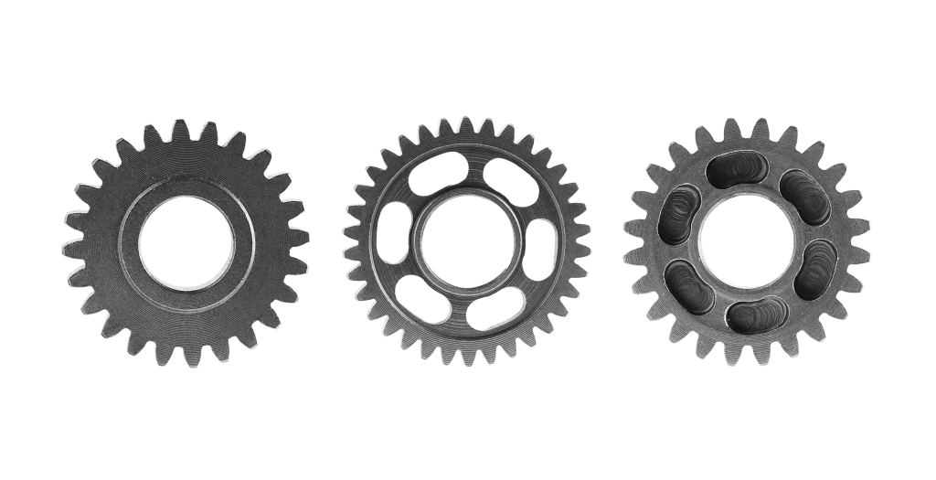 Three metal cogs laid out in a line, symbolizing how the GSP Product Manager, Volume Pricing, and Subscription Manager work together as a CPQ alternative.