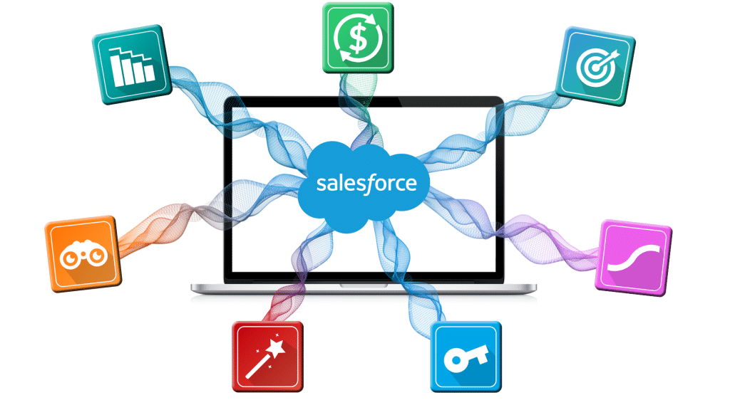 A computer screen with the Salesforce logo in the middle of it and 7 GSP app logos placed around it in a circle.