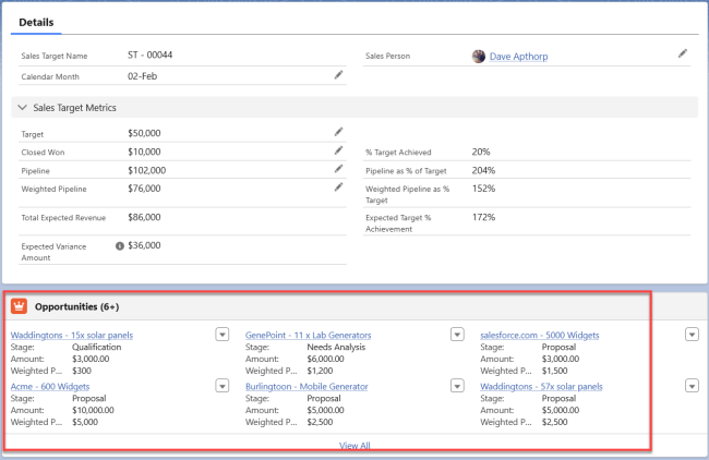Showing how opportunities automatically link to quota records in the GSP Target Tracker for Salesforce.