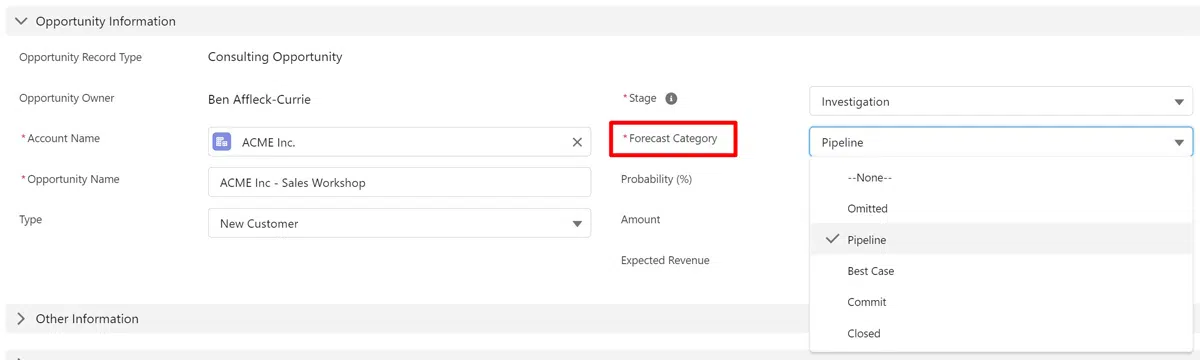 Showing how to update the Forecast Category on an opportunity in Salesforce.