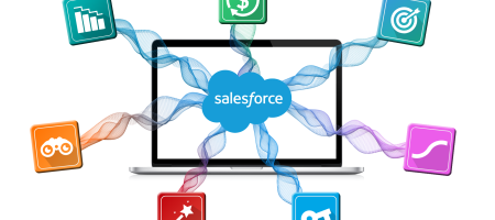 A computer screen with the Salesforce logo in the middle of it and 7 GSP app logos placed around it in a circle.