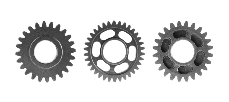 Three metal cogs laid out in a line, symbolizing how the GSP Product Manager, Volume Pricing, and Subscription Manager work together as a CPQ alternative.